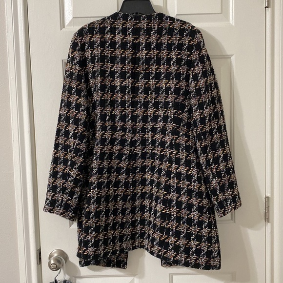 Zip up tweed long sleeve lined coat w/ pockets in yellow, red, white, & black - Picture 6 of 8